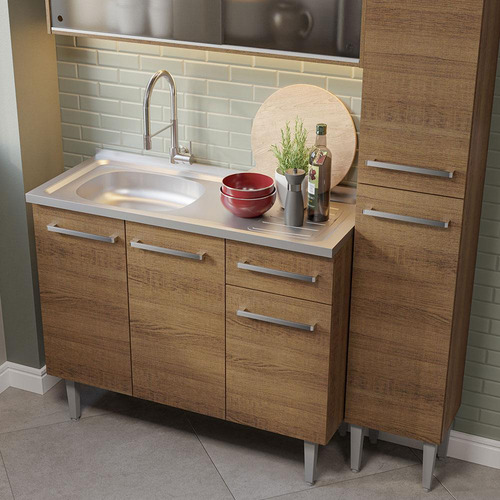 Armário De Cozinha Compacta 137cm Com Pia Emilly Madesa 07 Cor Rustic