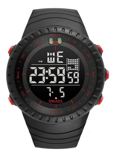 Reloj de pulsera Smael Esportiva 1237 de cuerpo color negro y rojo, digital, para hombre, fondo negro, con correa de resina color negro, dial gris, minutero/segundero gris, bisel color negro y rojo y hebilla simple