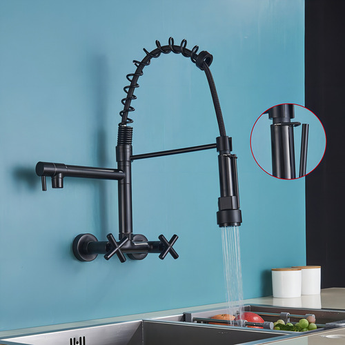 Torneira Cozinha De Parede Gourmet Misturador Duplo Comando Flexível Preto 1/4 De Volta Inox 304