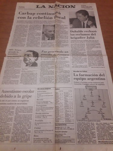 Tapa Diario La Nación 07 06 1990 Duhalde Carbap Brigadier Ju