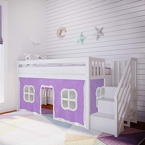 Max & Lily Twin Low Loft Bed With Stairs And Purple Curtains