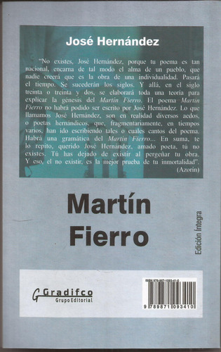 Martin Fierro Jose Hernandez Gradifco Libro Nuevo