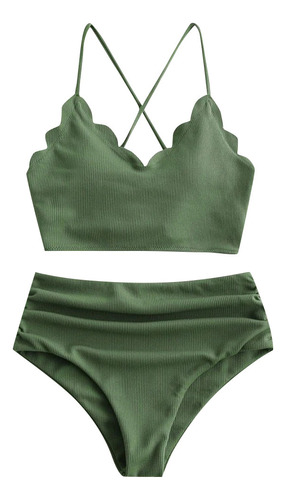 Conjunto De Bikini Acanalado De Cintura Alta Liso Con Espald