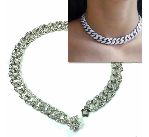 Collar Cadena Cubana Ice Strass Plateado