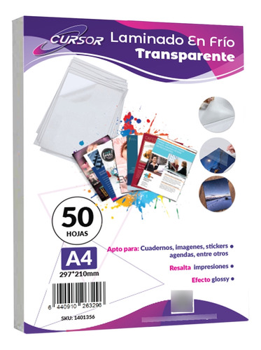 Laminado En Frio Transparente A4 Cursor Pack 50 