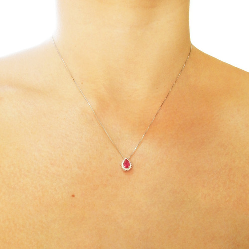 Conjunto De Ouro Branco 18k Com Rubi Sintético E Zircônias
