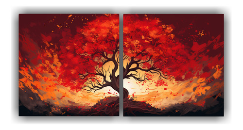 140x70cm Cuadro Árbol De Roble En Colores Rojo Y Dorado