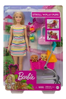 Barbie Carriola De Perritos, Muñeca, 2 Cachorros, Accesorios