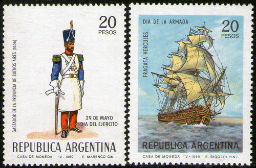 Argentina 2 Sellos Mint Día Del Ejército Y Día De La Armada = Barco Fragata Hércules = Uniforme De Soldado Año 1969 