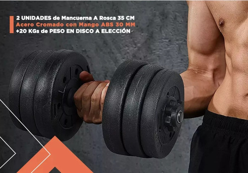 Kit Mancuernas + Discos 20 Kg A Eleccion Cromadas A Rosca