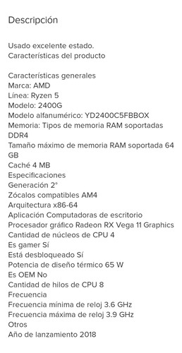 Microprocesador Amd Ryzen Pro 5 2400g (Usado)