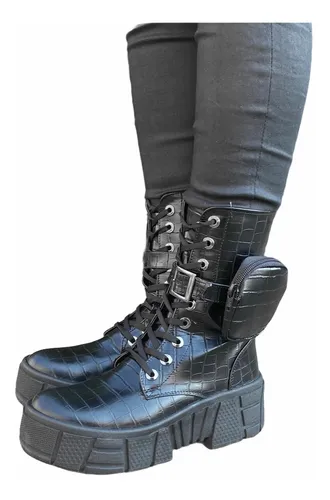 Botas Negras De Combate Estilo Militar Con Bolsillos Chunky