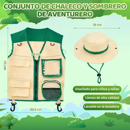 Kit De Explorador Safari Para Niños – Chaleco Con Múltiples Bolsillos Y Sombrero, Disfraz De Aventurero Para Juegos Al Aire Libre, Camping Y Senderismo