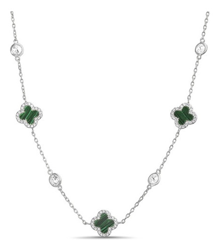 Collar Trebol, Allhabra, Plateado Con Verde, Plata 925