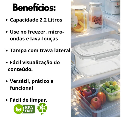 Pote Alto Com Travas 2,2 L Transparente Microondas Freezer