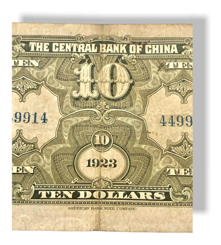 Billete Antiguo De China D 10 Dólares Año 1923 Banco Central (Usado)