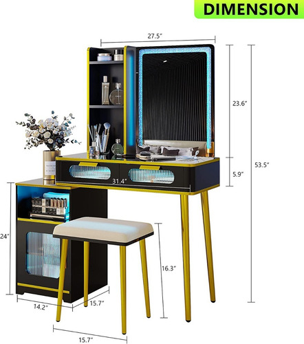 Juego De Tocador Con Espejo Led Control De Voz Negro Hnebc