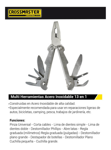 Imagen 2 de 4 de Pinza Multi Herramienta Acero Inoxidable 13en1 Crossmaster