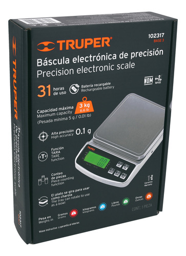 Báscula Digital De Precisión Recargable 0.1g A 3kg Color Plateado Truper BASE-3