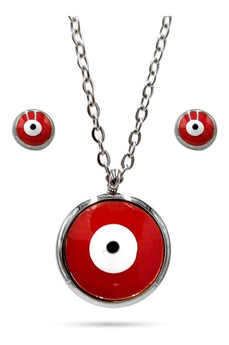 Set Joyeria Acero Inoxidable Plateado Ojo Turco Rojo Eg