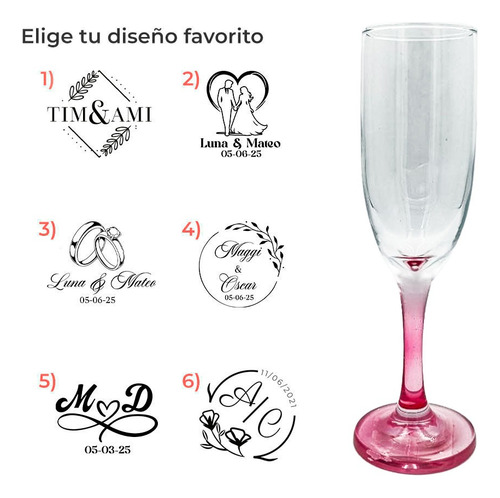 Copa Brindis Base Rosa Personalizada Boda 6pz