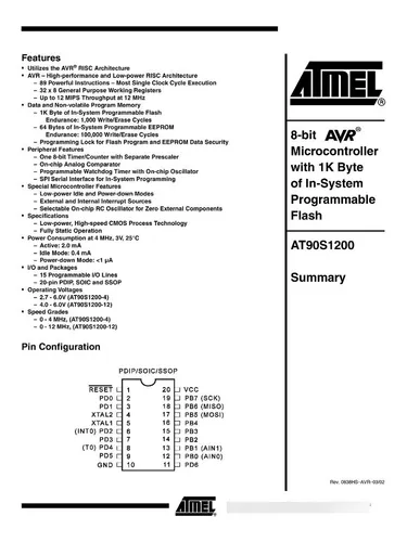18 At90s1200 Atmel Avr 1k Rom 20pin 15 I/o Alternat Attiny85