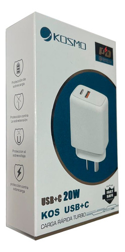 Cargador Kosmo 20w Carga Segura Rapida Turbo Usb-a Y Usb-c Blanco