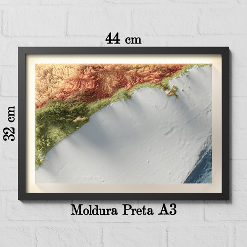 Mapa Relevo Litoral São Paulo Batimétrico Moldura Preta A3