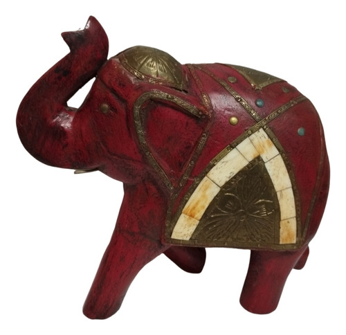 Figura Talla Madera Bronce Y Nácar Elefante Mide 20 Cm Alto 