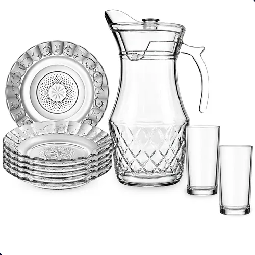 Aparelho De Jantar 13 Peças Vidro Jarra 6 Pratos 6 Copos Transparente Lapidado Diamante