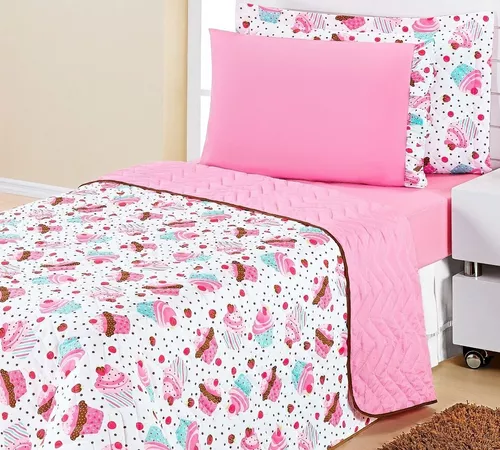 Jogo Cama Solteiro Infantil Menina + Lençol Rosa Kit 4 Peças