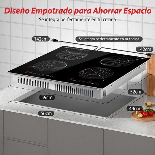 SANGKEE Parrilla De Induccion Electrica De 4 Zonas Con Dos Enchufes, Estufa Táctil Con Digital Sensor 3600w, Control Independiente, Ahorro De Energia, Bloqueo De Seguridad Para Niños, 127V
