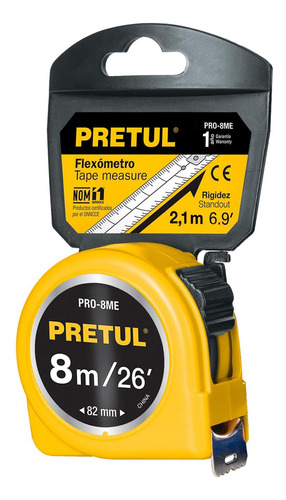 Flexómetro Amarillo 8m Cinta 1' Tarjeta Plást Pretul 21603