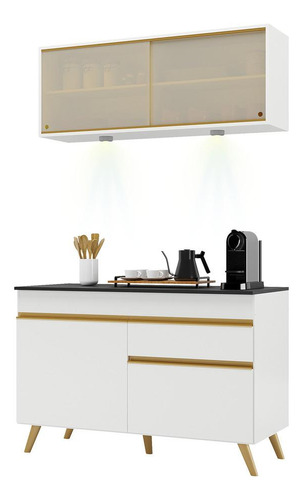 Armário Cozinha Compacta 120cm Veneza Up Multimóveis V2013 Cor Branco/Dourado