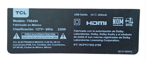 Fuente De Poder Tcl 75s454 40-l30xw4-pwb1zg (Usado)