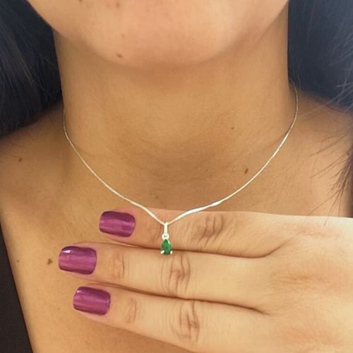 Colar Com Pingente Gota Verde Esmeralda 45cm Em Prata 925 Cor Cinza