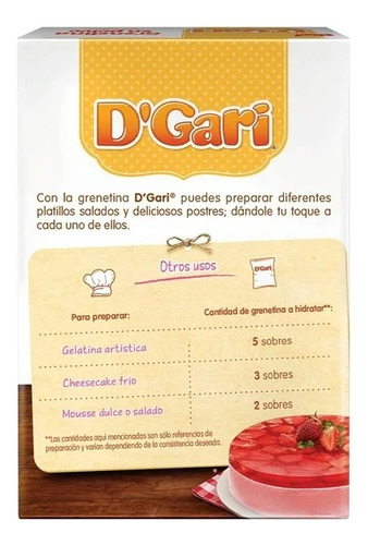 10 Pzas Grenetina D' Gari En Polvo Sin Sabor 4 Sobres De 7 G