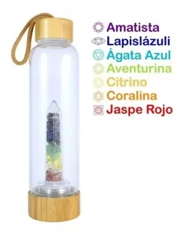  Srutirbo Botella de agua de cristal, botella de agua de cristal  con centro de cristal curativo natural cambiable, botella de agua con  piedras preciosas de cuarzo energético y funda protectora, 18.6