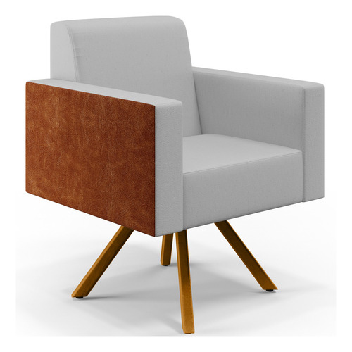 Poltrona Decorativa Base Giratória de Madeira Helô L02 Linho Cinza Couríssimo Camel