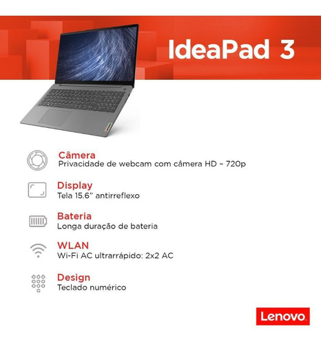Imagem 2 de 5 de Notebook Lenovo Ideapad 3 R5 12gb 256gb Ssd Linux 15.6