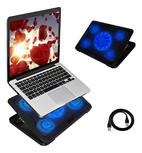 Base Enfriadora Ele-Gate con 5 Ventiladores y 5 Posiciones LED Azul y Diseño Ergonómico Color Negro
