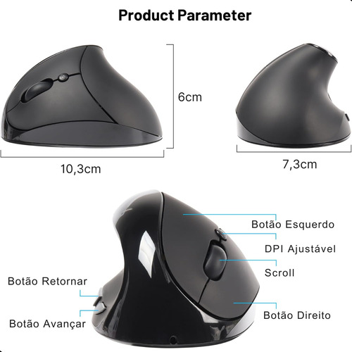 Mouse Sem Fio Vertical Ergonômico Conforto Usb Recarregável