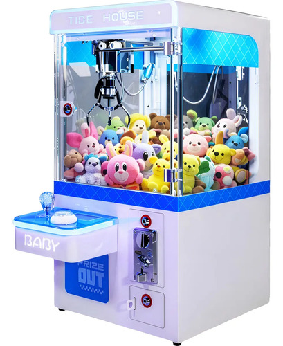 Máquina Garra Atrapa Peluches Claw Machine Mini Doll Luces LED RGB Vitrina Cristal Panel Control Azul Compartimento Arcade Premios Juguetes Negocio Eventos