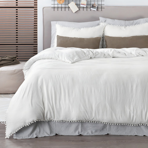 Funda De Edredón Duvet Queen Size Micro-luxe Esquimal Con Pompones Y Fundas De Almohada Blanco | Microfibra Tipo Lino Prelavado Blanco Lisa