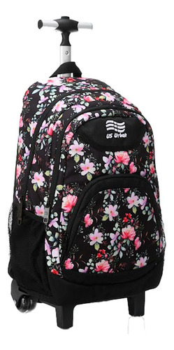 Set Mochila Escolar Carrito Con Lonchera Y Lapicera Flores Color Negro Diseño de la tela Estampado