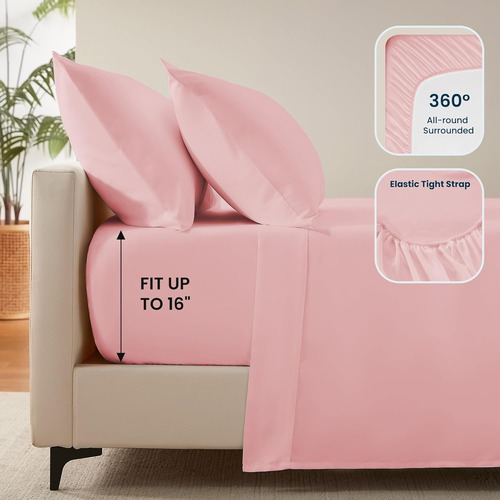 Juego De Sábanas Matrimonial Kinkete 4 Pzs Ajustables Rosa Claro Liso