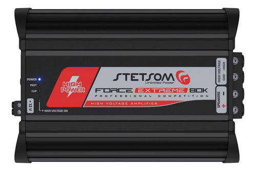 Módulo Stetsom Force Extreme 80k 0,5 Ohm Frequência 5Hz ~ 4Khz 80.000W RMS em 0,5 Ohm Entrada RCA 1 Canal 80.000W Alta voltagem High Voltage–Sub, Woofers Competição Paredão Alta Eficiência Grave Médio