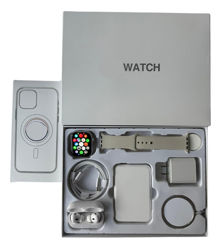 Kit De Accesorios Para Iphone + Smart Watch Series 9 45mm Gris Deportiva Gris Plateado