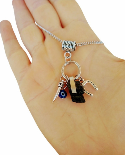 Imagen 1 de 1 de Collar Dijes Turmalina Negra Cadena Acero Caleido Piedras