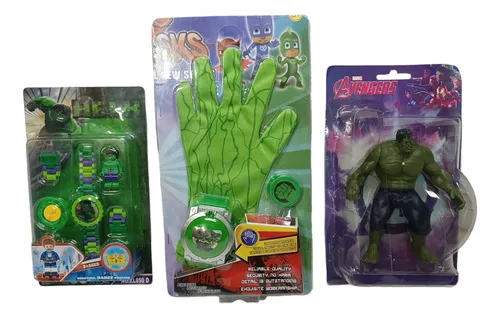 Boneco Hulk 15cm, Luva Lança Discos E Relógio Digital
